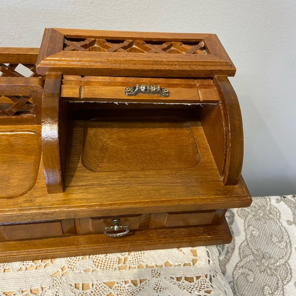 Vintage Wooden Roll-top Desk Jewelry Box Valet - Picture 3 of 11